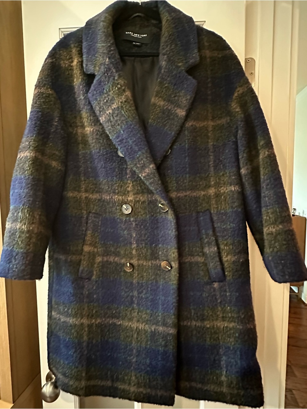 Marc New York Boucle Plaid Double Breasted Wool Blend Walking Coat Medium M